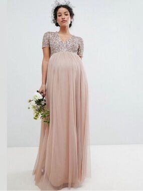 MAYA DELUXE Maternity Blush Champagne Tulle Sequin Maxi Formal Gown Dress 14 EUC